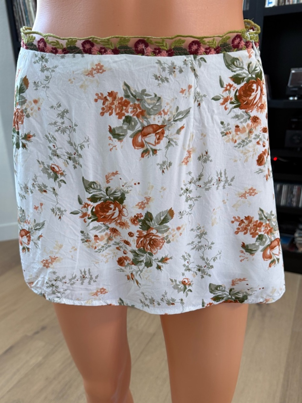 Princess Polly White Mini Skirt with Rust Rose & Olive Floral Print